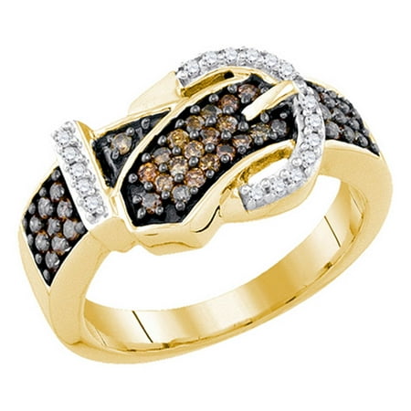 - Designer 10KT Ladies YG Cognac Brown Diamond Belt Buckle Fashion Ring 0.50CTW