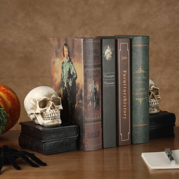 MyGift Vintage Skull Bookend Pair on Black Stacked Books, Gothic Resin Novelty Decor for Shelves, Desks & Libraries
