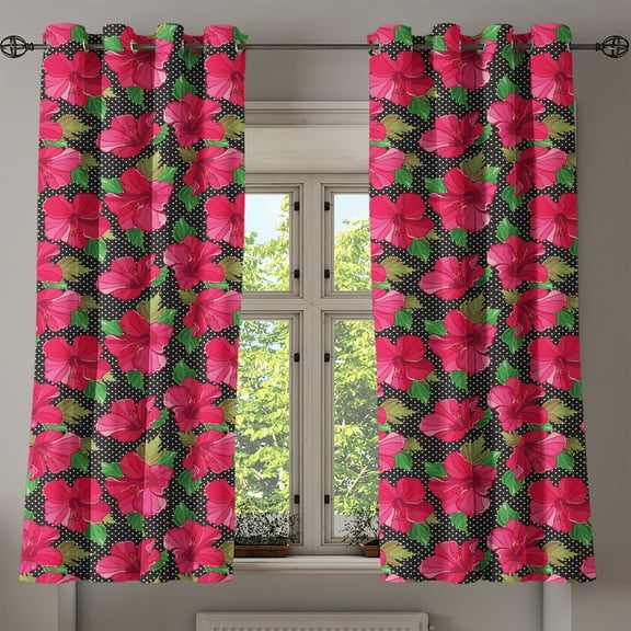 Ambesonne Hawaii Grommet Curtain, Polka Dots Hibiscus, 50" x 63", Magenta Fern Green Black