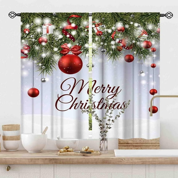 Christmas Curtains for Living Room, Xmas Merry Christmas Fir Twigs Ball New Year Winter Holiday Party Decor Window Drapery Treatments for Bedroom Kitchen Bathroom Nursery Home 2 Panels, 55x39 Inch
