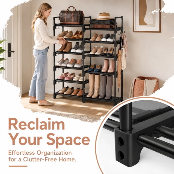 8-Tier Metal Shoe Rack Organizer, 26-32 Pairs Tall Shoe & Boot Storage Shelf with 15 Hooks, Stackable Large Shoe Stand for Closet, Entryway & Garage