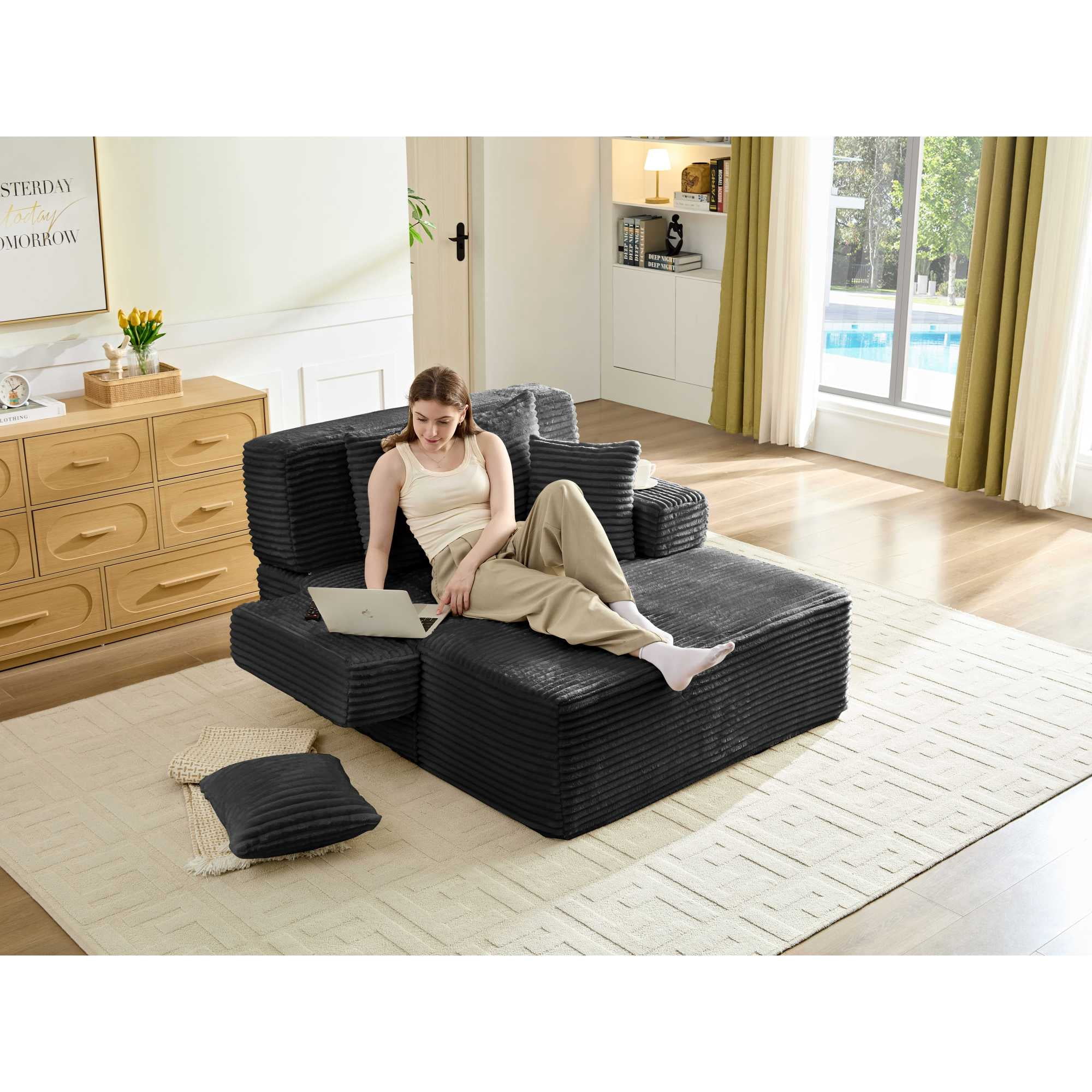 Leumius 70.8" Chaise Lounge Chair Indoor,Oversized Boneless Lounge Chair with Adjustable Backrest & Storage Pocket,Cloud Reading Chair for Living Room Bedroom, No Assembly Required,Black