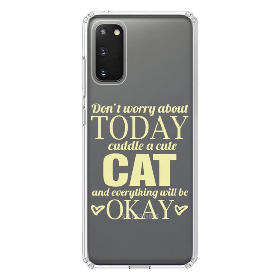 DistinctInk Clear Shockproof Hybrid Case for Galaxy S20 ULTRA / 5G (6.9" Screen) - TPU Bumper Acrylic Back Tempered Glass Screen Protector - Cuddle a Cat Everything Will Be Okay
