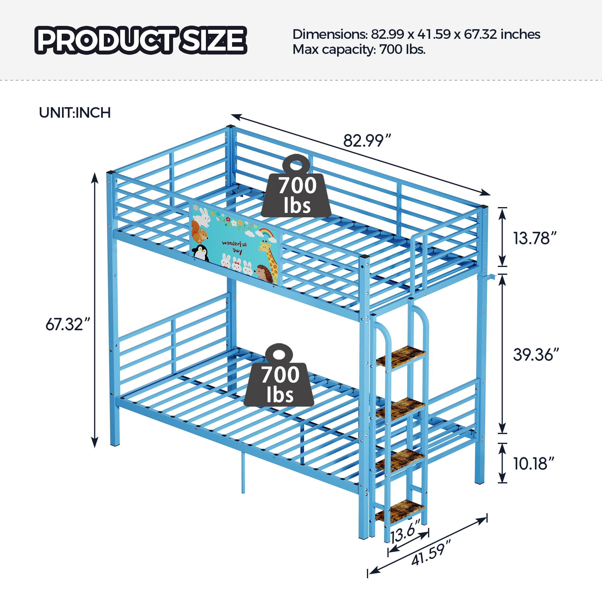 Metal Floor Bunk Bed Twin Over Twin with Ladder and Heavy Duty Slats, Space Saving Frame for Bedroom and Dorm, No Box Spring Needed, Blue