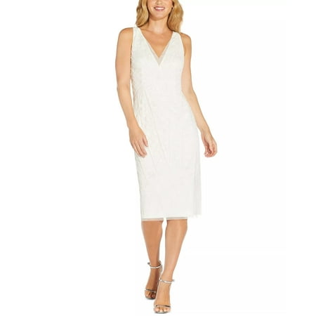 Adrianna Papell V-Neck Sleeveless Zipper Back Bodycon Sequined Beaded Mesh Dress-IVORY / 2
