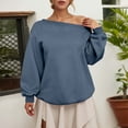 thumbnail image 2 of XIAOCHA Womens Sweatshirts Autumn Solid Color Slanted Neck Off Shoulder Pullover Top Simple Vintage Long Sleeves Loose Elegant Sweatshirt S, 2 of 5