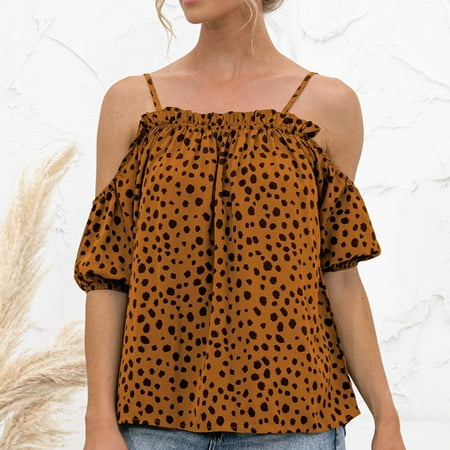 

Cute Shirts For Women Summer Trendy Spaghetti Strap Cold Shoulder Flowy Tops Ruffled Polka Dot Print Casual Top