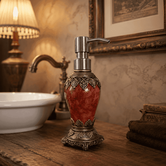 Vintage Decorative Soap Dispenser with Ornate Gold-Tone Accents, Refillable Lotion and Soap Bottle for Bathroom or Kitchen, Red