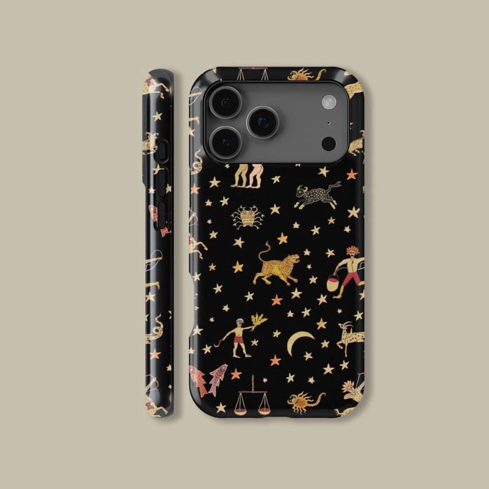 Mystical Zodiac Celestial Tough Phone Case, Astrology Symbol Pattern Dual Layer Shock Absorbing Protective Hard Shell Cover, Compatible with iPhone 14 Plus