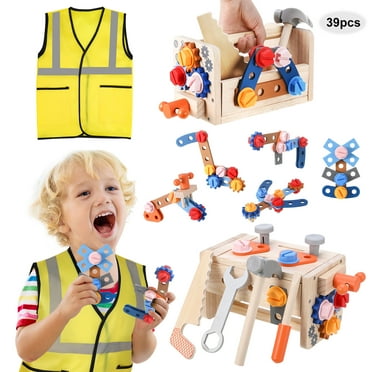 sixwipe 39 Pcs Toddler Tool Toys with Vest, Kids Wooden Tool Box for Boys Age 2-4, Stem Learning Educational Construction Toys for 2 3 4 5 Year Old Boys Birthday Gift