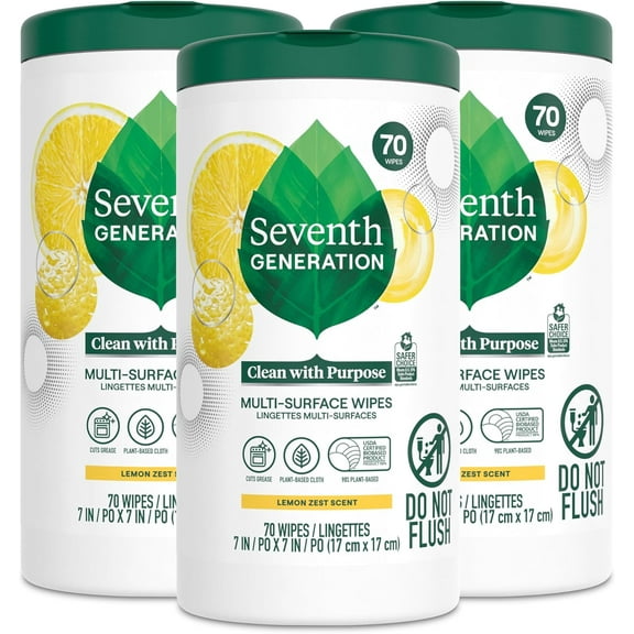 Multi Surface Wipes, Pack of 3, for all purpose cleaning, lemon zest scent with 100% essential oils and botanical ingredients, 70 ct each