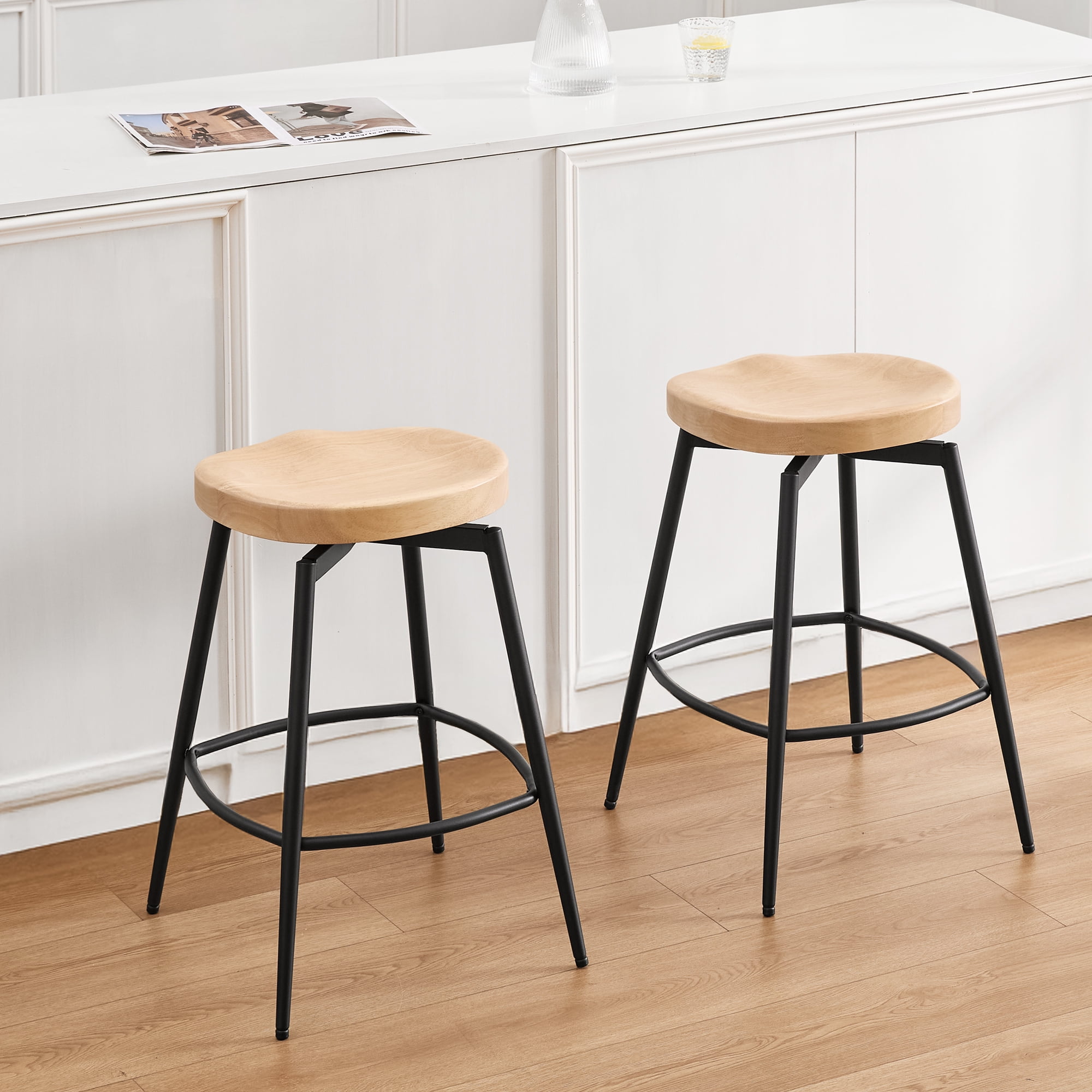 Zesthouse 25″ Swivel Counter Stools Set of 2, Mid-Century Backless Counter Height Barstools with Metal Legs, Solid Rubber Wood Bar Chairs for Kitchen Island, Natural