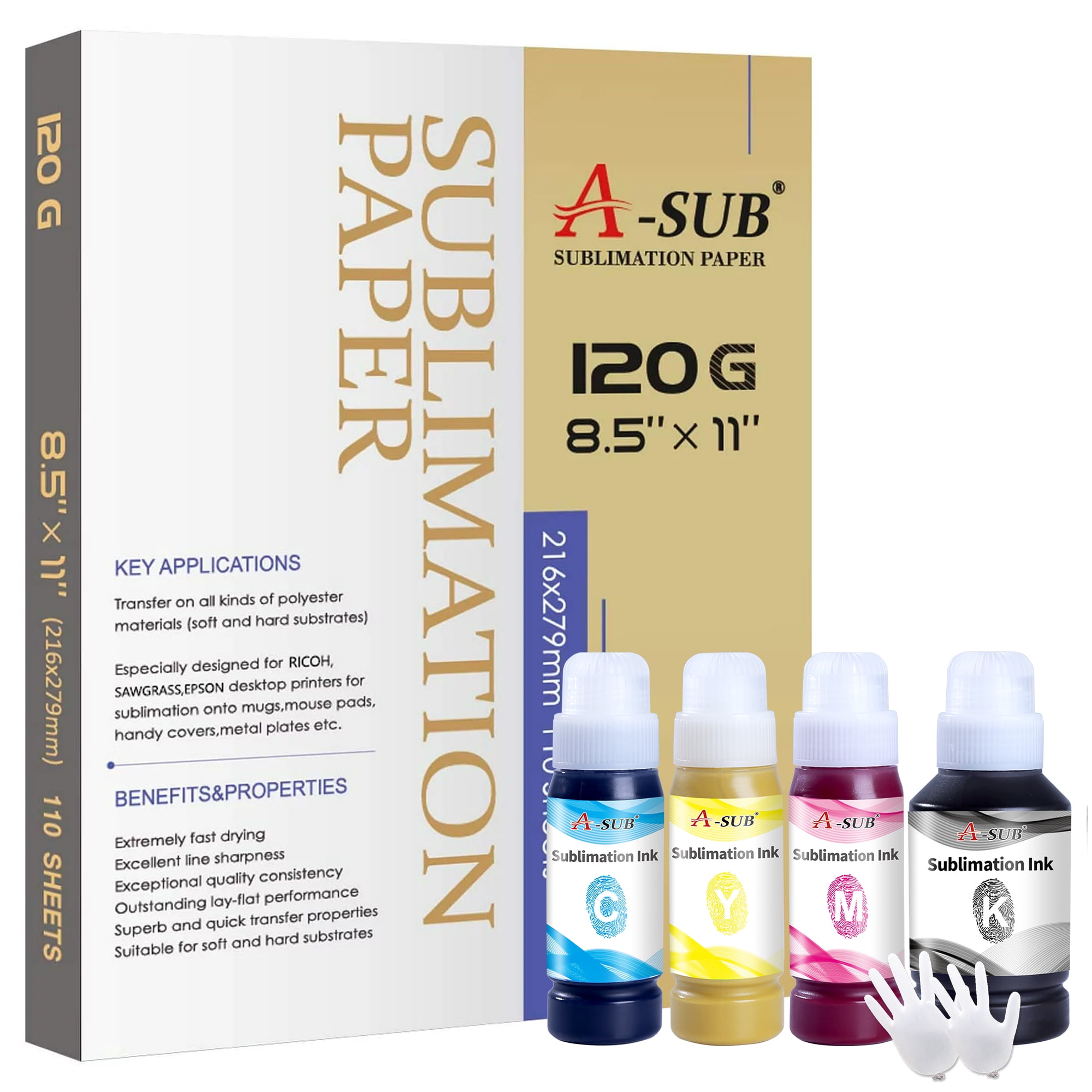 Bundle Kit A-SUB Sublimation Paper 8.5x11 inch 120g and A-SUB Sublimation Ink for Epson Ecotank Printers ET-2400 ET-2803 ET-2800 2850 4800 2720 2760 etc