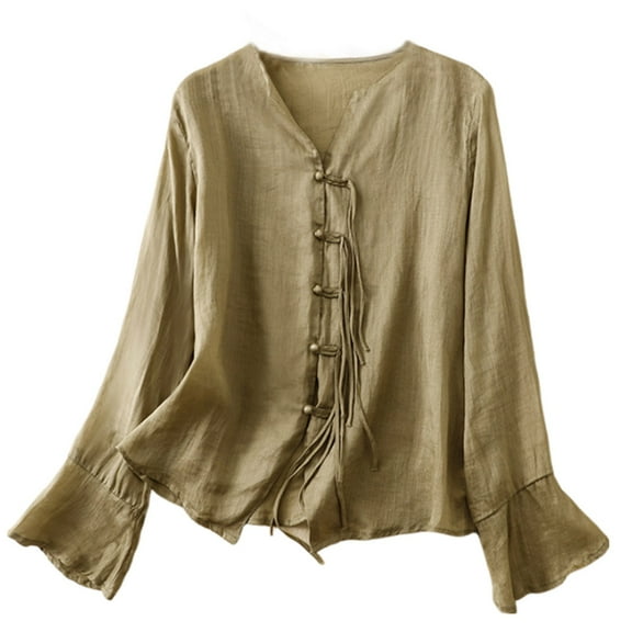 Lovskoo 2024 Cotton Linen Shirts for Women Long Sleeve Button Up V Neck Summer Casual Solid Color Loose Top Green L