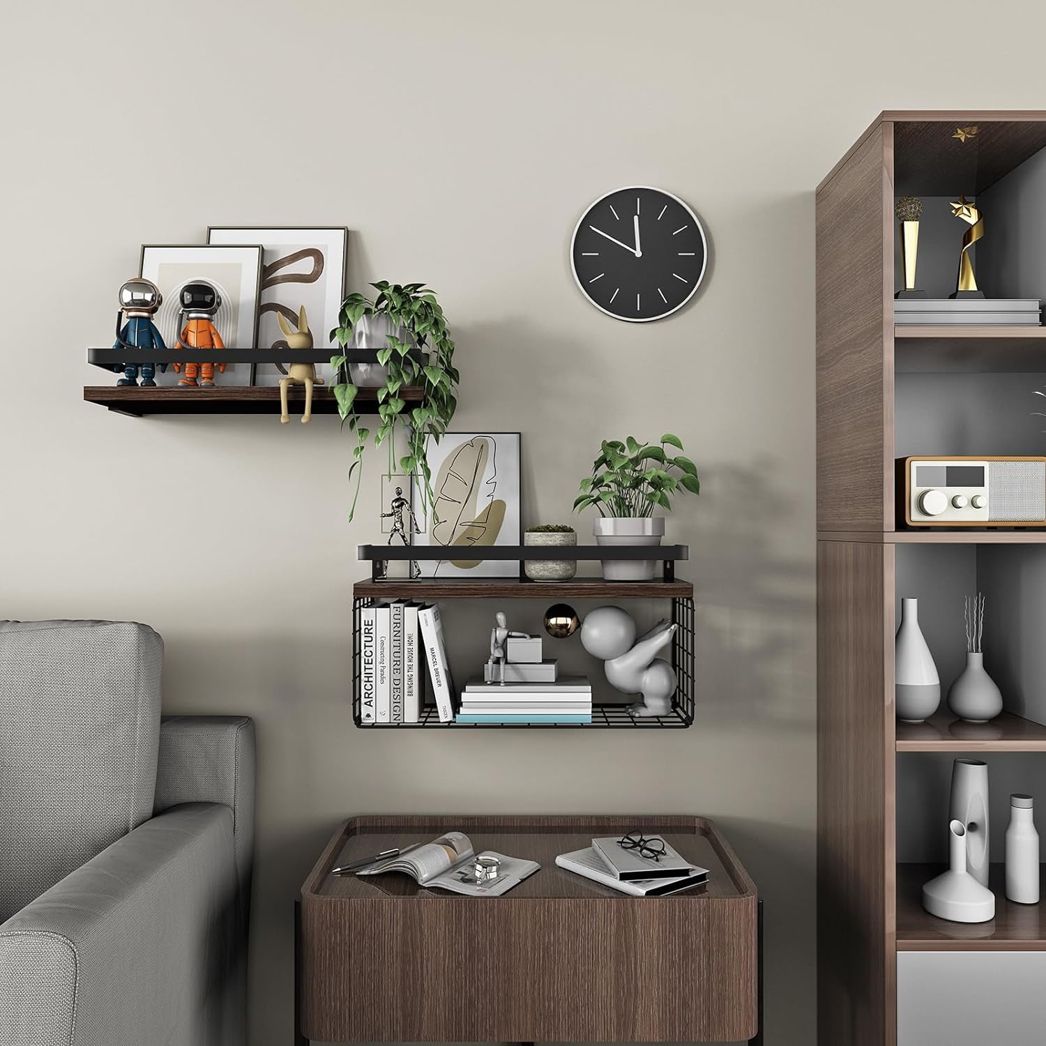 Floating Shelves with Wire Storage Basket, Bathroom Shelves Over Toilet, Set of 2