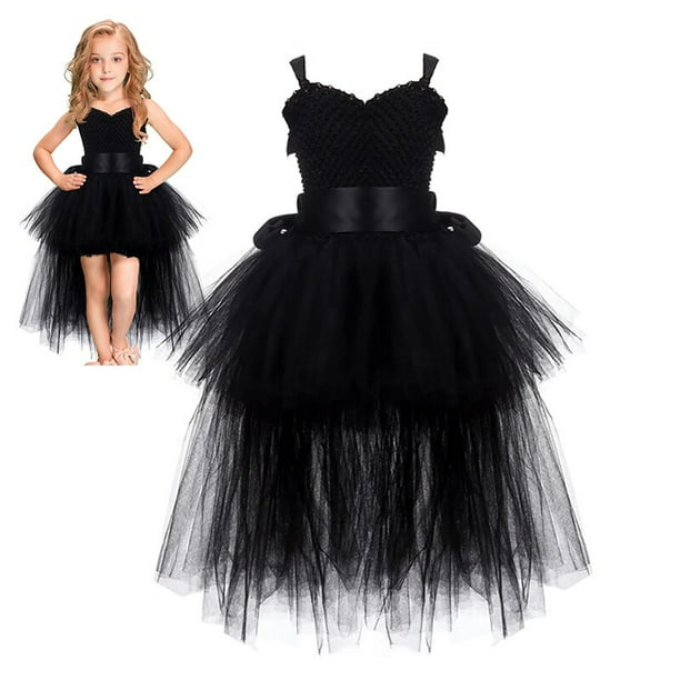 Vestido de princesa de cola larga para niños, tutú de malla, disfraz de cabestrillo de encaje negro para niñas, Halloween, Nairobi Orn, fiesta de cumpleaños, cosplay de ángel zhangyuxiang unisex