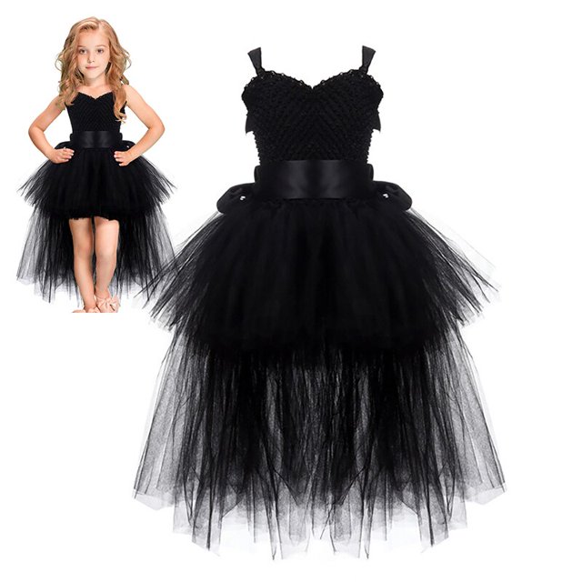 Vestido de princesa de cola larga para niños, tutú de malla, disfraz de cabestrillo de encaje negro para niñas, Halloween, Nairobi Orn, fiesta de cumpleaños, cosplay de ángel zhangyuxiang unisex