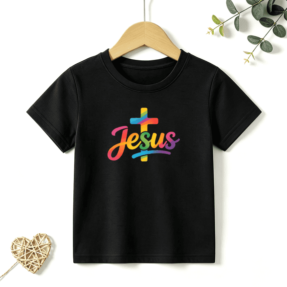 Girls Graphic Tees Jesus Cross Rainbow Kids T Shirt Christian Faith 100% Cotton Short Sleeve Soft Tops 4-13Y
