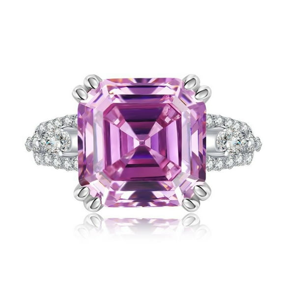 7 Carat Asscher Cut S925 Sterling Silver Engagement Rings for Women Glamorous Pink Gemstone Rings CZ Simulated Diamond Ring Anniversary Promise Wedding Bands