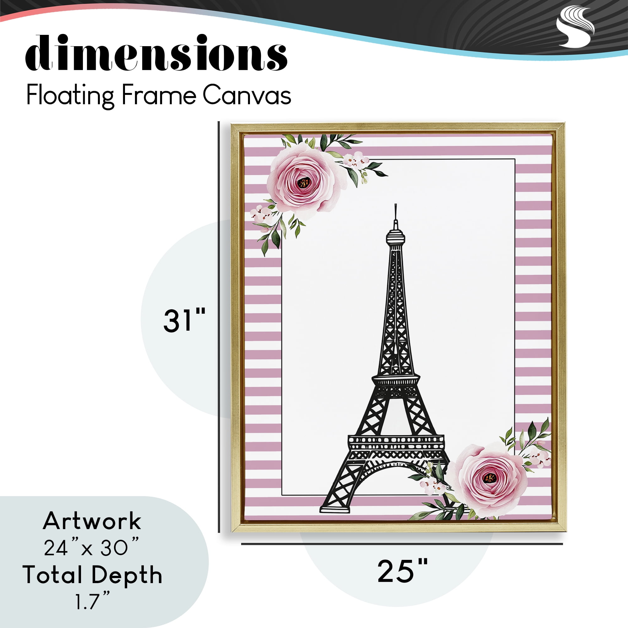 Parisian Tower & Roses Gold Framed Floater Canvas Wall Art, design by Christine Simpson Art