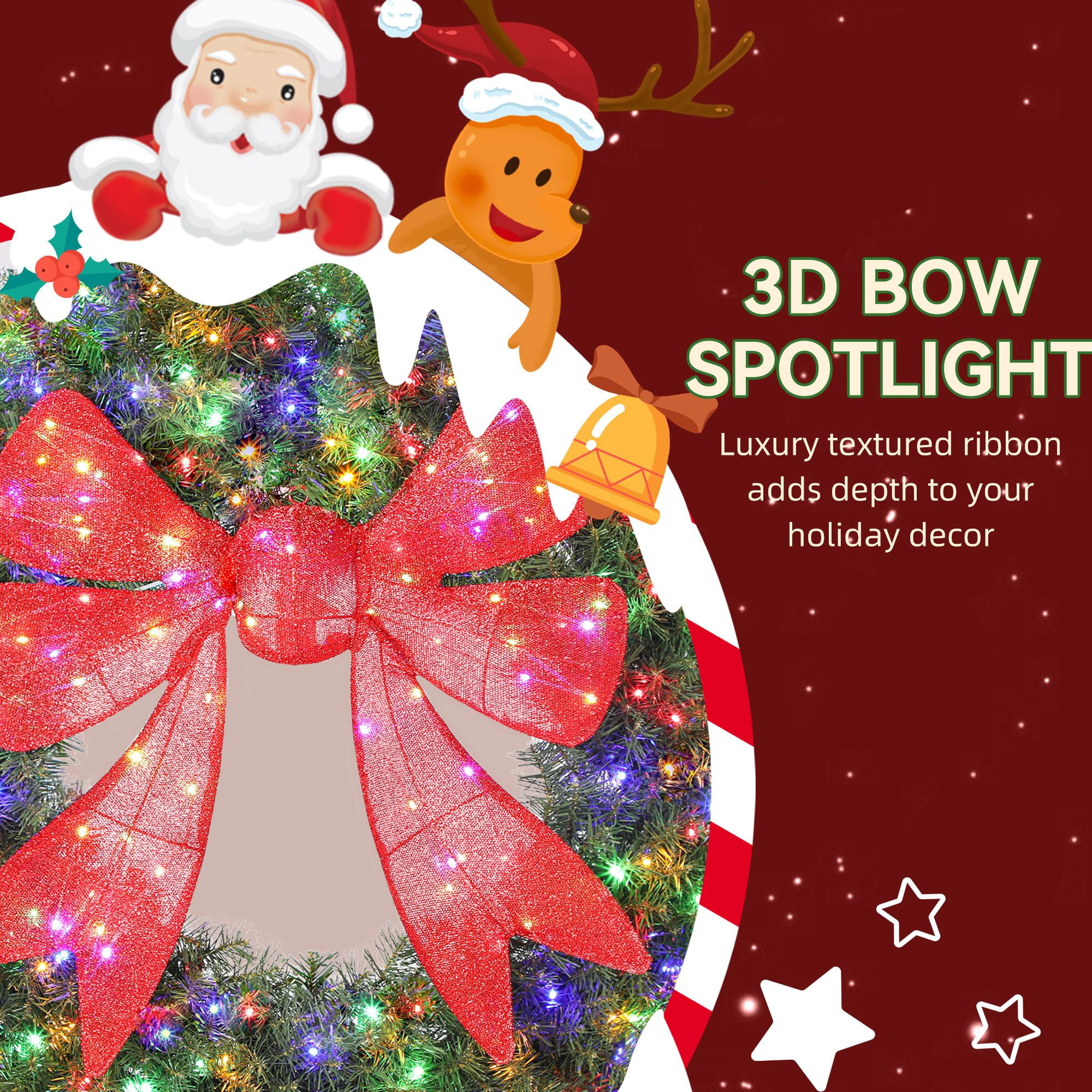Pre-Lit Christmas Wreath, 60-Inch Front Door Wreath with 3D Bow, 300 LED Lights, 11 Lighting Modes, Remote Control, Indoor Outdoor Holiday Decoration