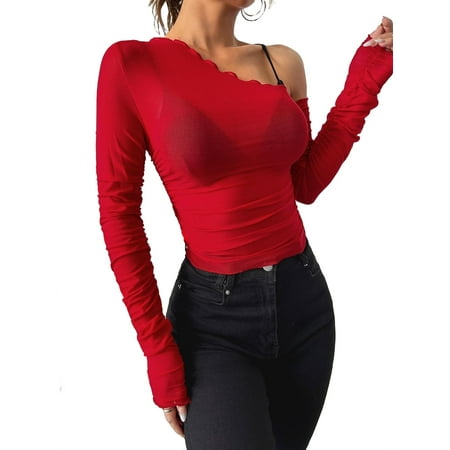 

Women s Tops Sexy Solid Asymmetrical Neck Without Bra Red S
