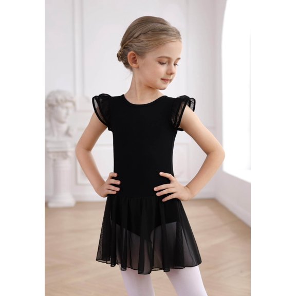 1 Piece Girls Leotard Dress Ballerina Outfit Skirt with Hollow Knot Back and Flutter Sleeve
