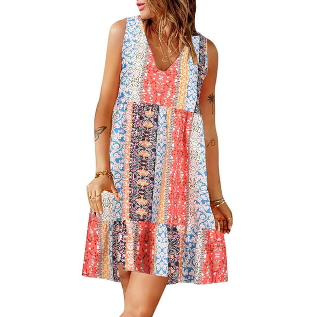 Robe d'Été Décontractée Sans Manches Boho Mini Robe d'Été Tendance Imprimée Col en V Fluide Confortable Courte