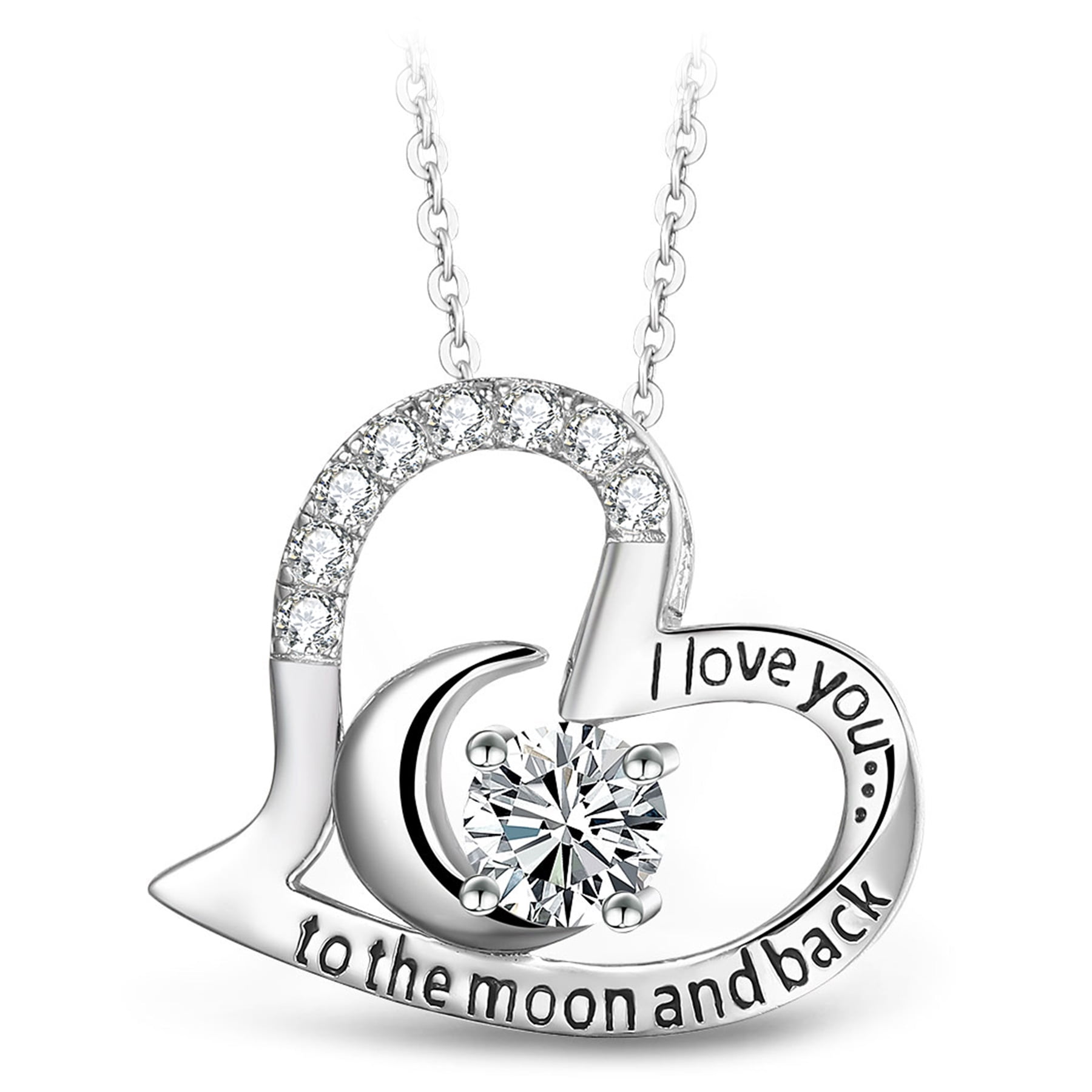 Honolulu Jewelry Company Sterling Silver I Love You 2 The Moon & Back Moon with Hanging CZ Heart Necklace Pendant and 18 Box Chain 