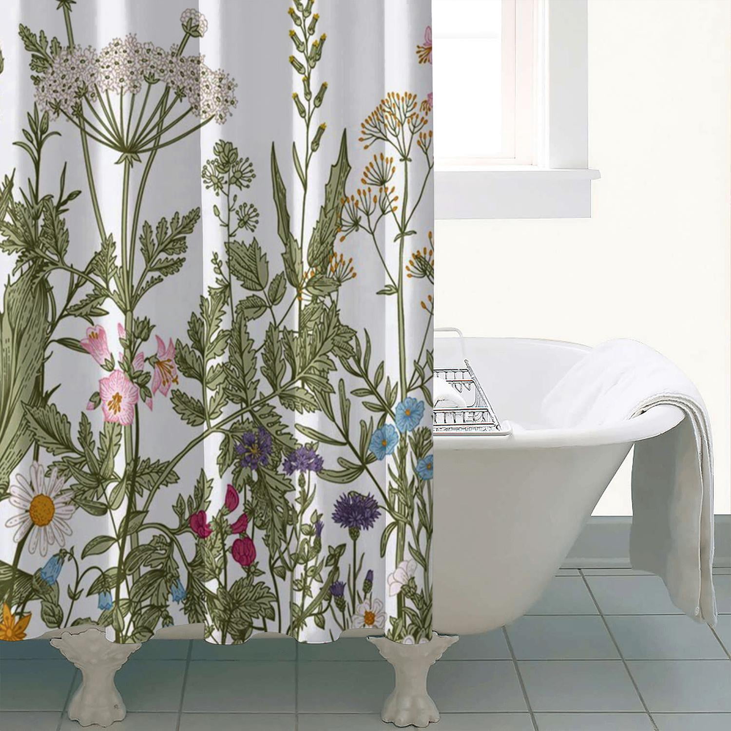 Wildflower Botanical Shower Curtain for Bathroom Decor 72Wx84H Inch Floral Flower Plant Herbs Sage Green Leaves Decorative Bath Set Bathroom Accessories Waterproof 12 Pack Hooks