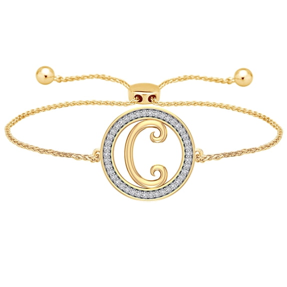 CARATS FOR YOU Round Cut Natural Diamond Initial "C" Alphabet Letter Name Adjustable Bolo Bracelet Personalized Gifts for Women In 14K Yellow Gold Over Sterling Silver (0.20 Cttw)