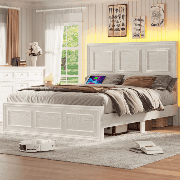 Fastroby Full Platform Bed Frame Wood with LED Headboard & Charging Ports, No Box Spring Required