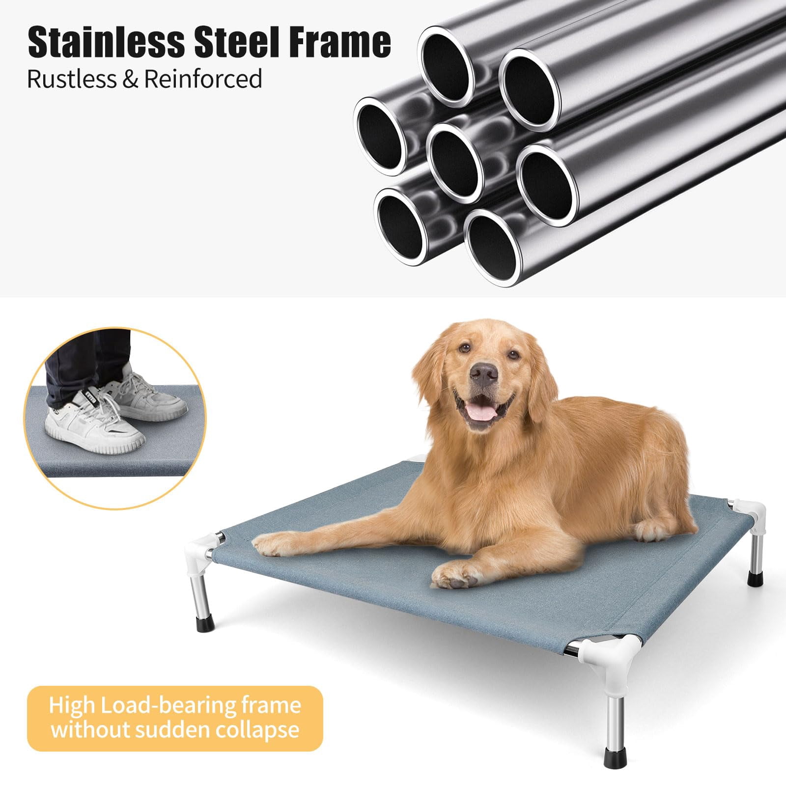 Elevated Dog Bed  Raised Outdoor For Medium Dogs Portable Pet Cots With No-slip Rubber Feet Double Layer Polyester Cotton
