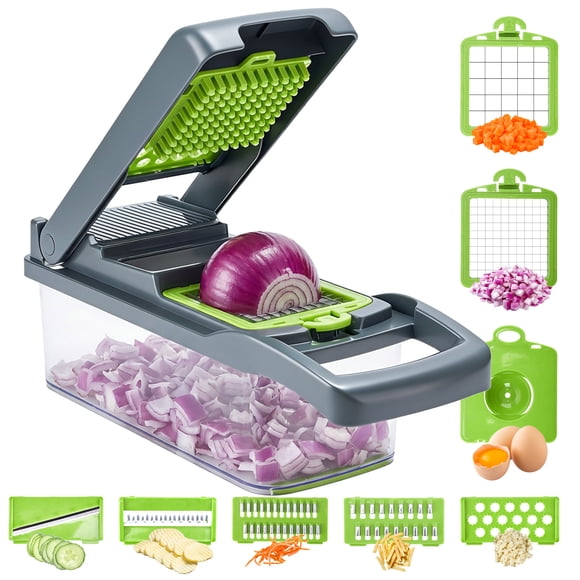 Vegetable Chopper, 12-in-1 Multifunctional Food Chopper, Professional Onion Chopper with 7 Blades, Vegetable Cutter with Container for Salad, Potato, Carrot,and Garlic; Essential Kitchen Tool