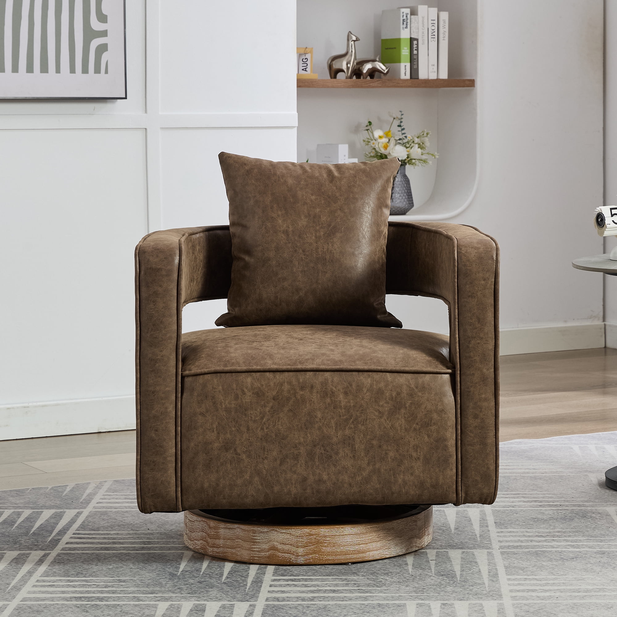 Leumius Swivel Accent Chair with Open Back,Modern Single Sofa Chair With Weathered Base for Nursery Bedroom Living Room Hotel Office, Club Chair Leisure Arm Chair for Lounge,Coffee PU