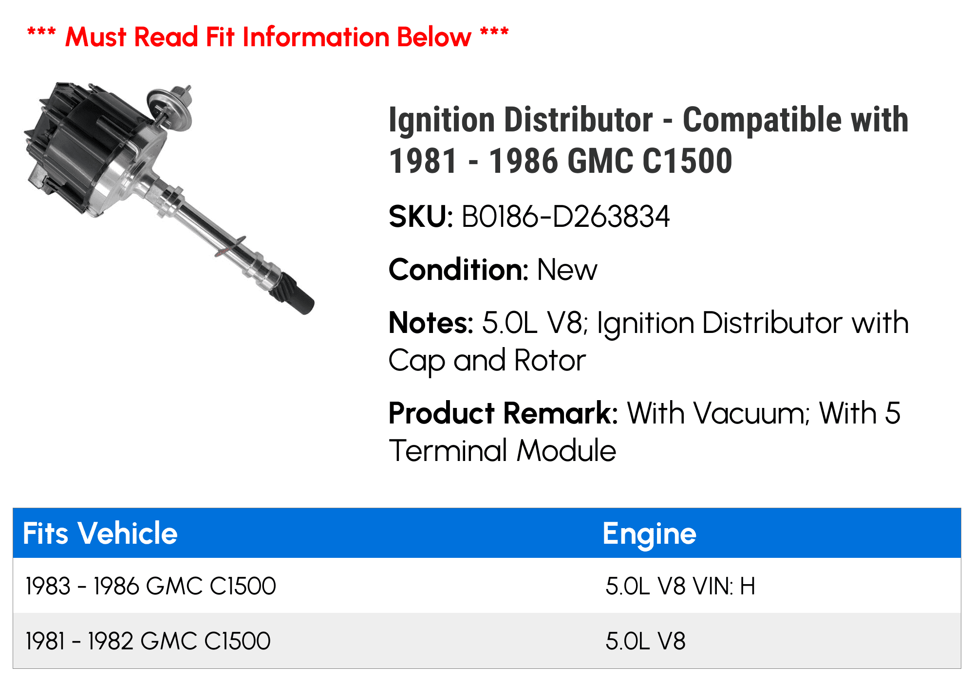 Ignition Distributor - Compatible with 1981 - 1986 GMC C1500 1982 1983 1984 1985