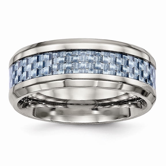 8mm Stainless Steel Polished Blue Carbon Fiber Inlay Ring - Size 12