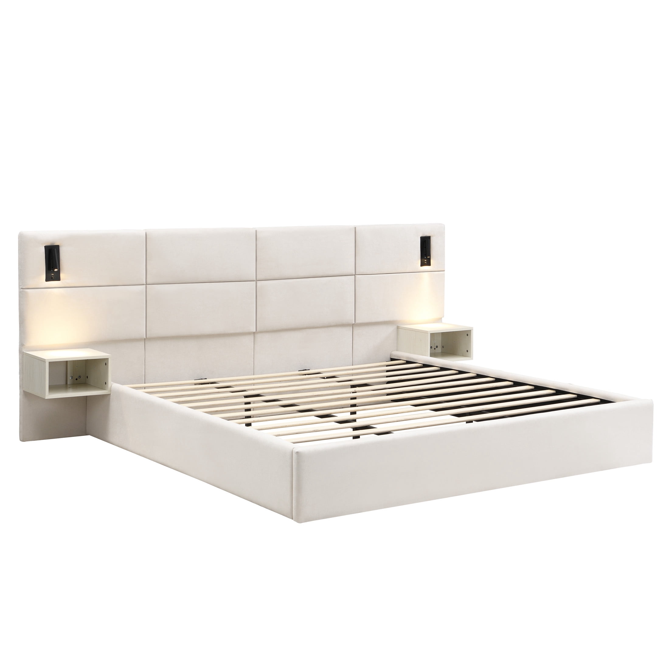 Christopher Knight Home King Luxurious Smart Bed Frame with Reading Light, Chenille Upholstery, White