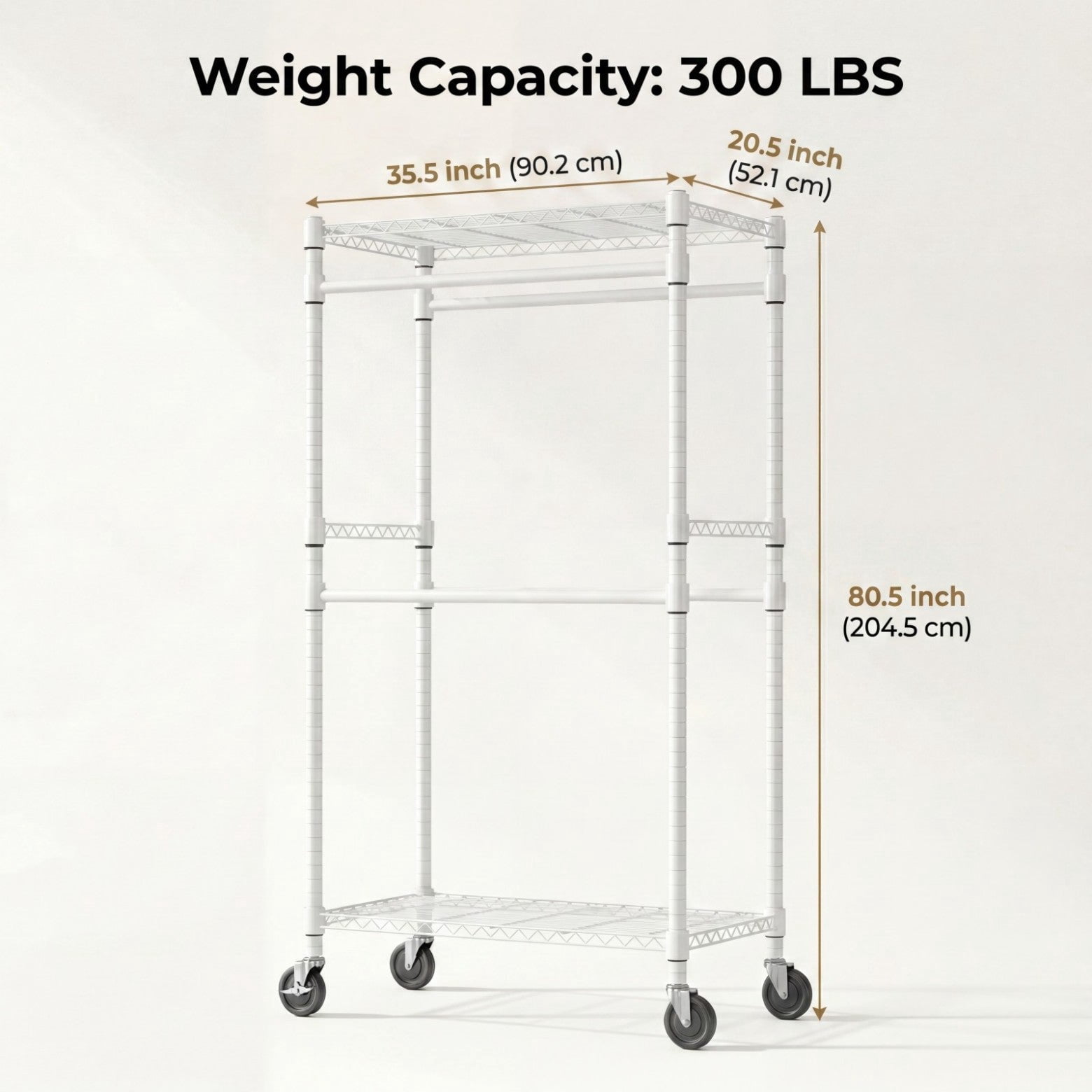Sailvan Heavy Duty Rolling Clothing Rack, 300LBS Capacity Garment Rack with 4 Hanging Rods & 2 Shelves, Portable Closet, 35.5"W x 80"H,White