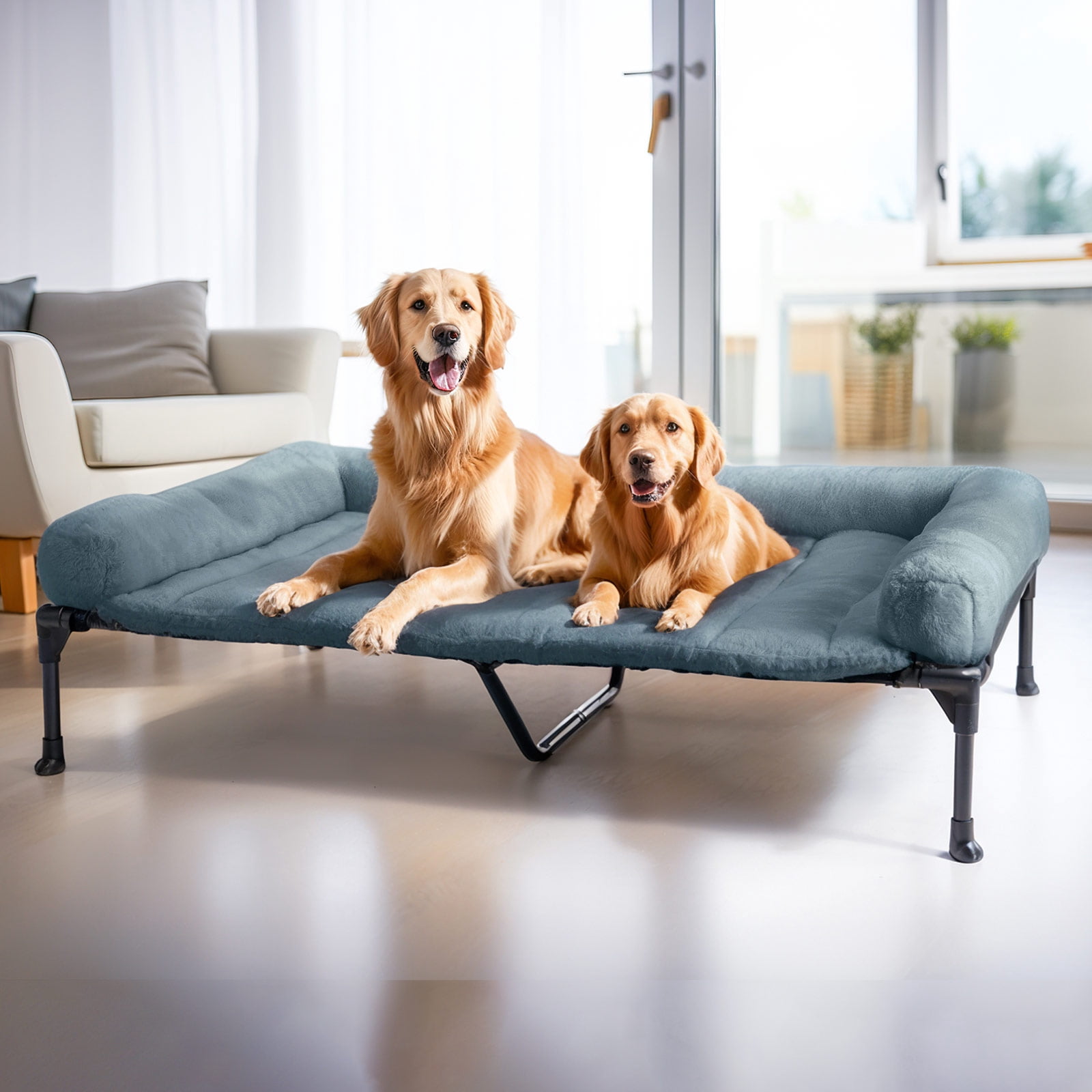 Veehoo Cooling Elevated Dog Bed with Fluffy Plush Bolster Cushion, 59 x 37 inches, XXLarge, Haze Blue