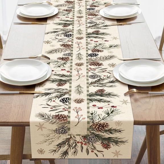 Winter Pine Cone Needle Dining Table Runner, Red Berry Snowflake Burlap Kitchen Decoration, Christmas Seasonal Indoor Outdoor Home Decor Party Supply 13 x 72 Inches