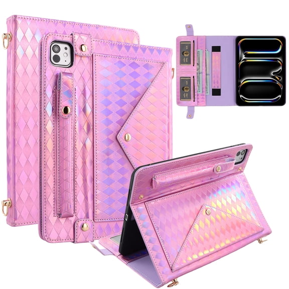 Decase Luxury Crossbody Iridescent PU Leather Case for iPad Air 11-inch 2025 2024/Pro 11-Inch 4th/3rd/2nd/1st Gen/Air 5th 4th Gen,Shockproof TPU inner Case,Kickstand Flip Wallet Cover,Pink