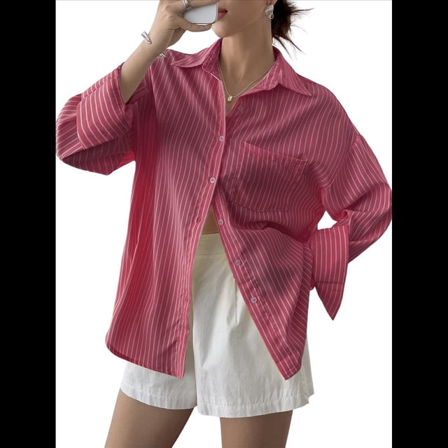 Camisas de Mujer con Botones, Camisas Formales A Rayas, Mangas Largas, Solapas, Camisas de Oficina, Blusas Gran Rojo S