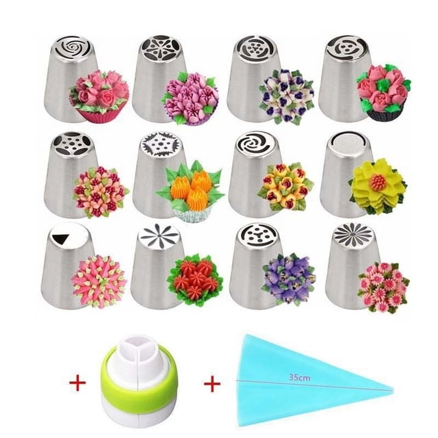 Kit de 14 piezas de suministros para decoración de pasteles y magdalenas, boquillas de glaseado de tulipán en forma de flores, bolsas de glaseado y puntas, suministros para hornear (1)