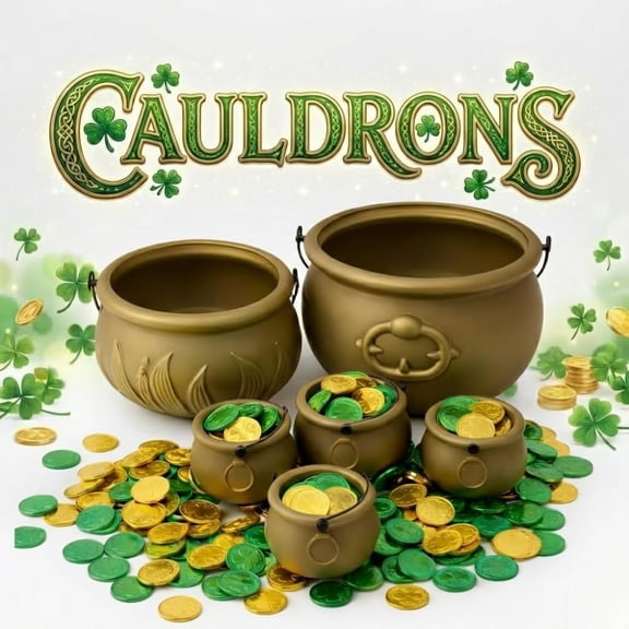 PMU St. Patrick's Day Gold with Coin Cauldron set - 6 pcs Cauldrons, 50 pcs Gold Coins, 50 pcs Green Coins