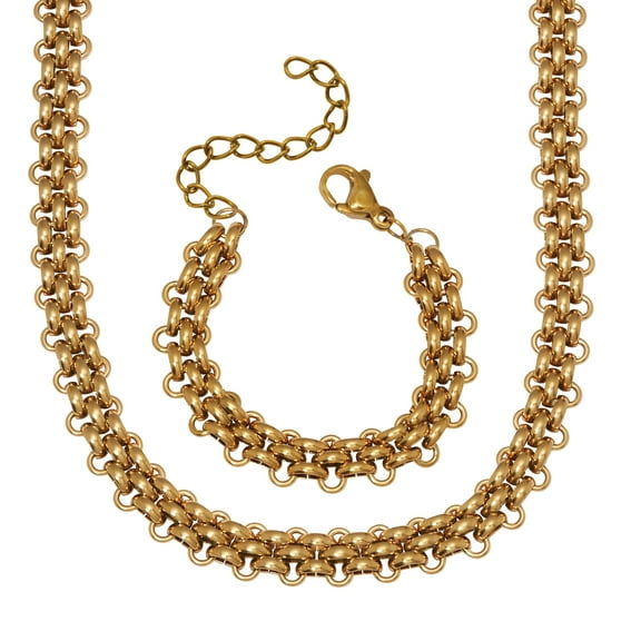 Yellow Gold Ion-Plated Stainless Steel Fancy Link Necklace Set 18-inch