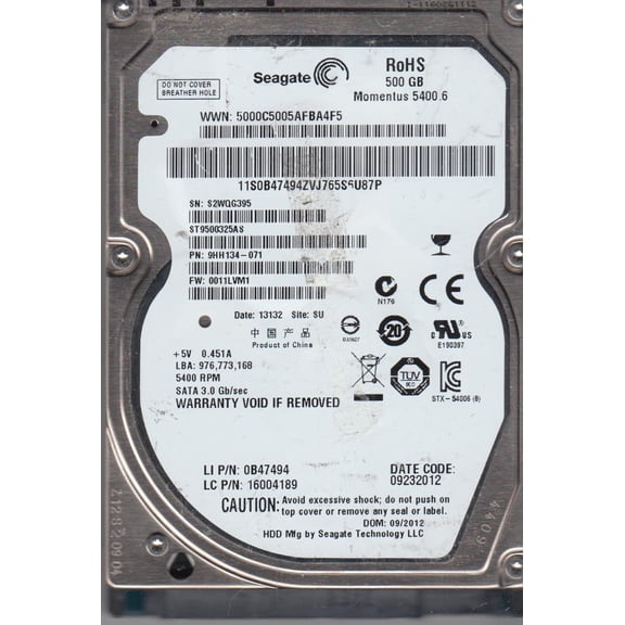 ST9500325AS, S2W, SU, PN 9HH134-071, FW 0011LVM1, Seagate 500GB SATA 2.5 Hard Drive