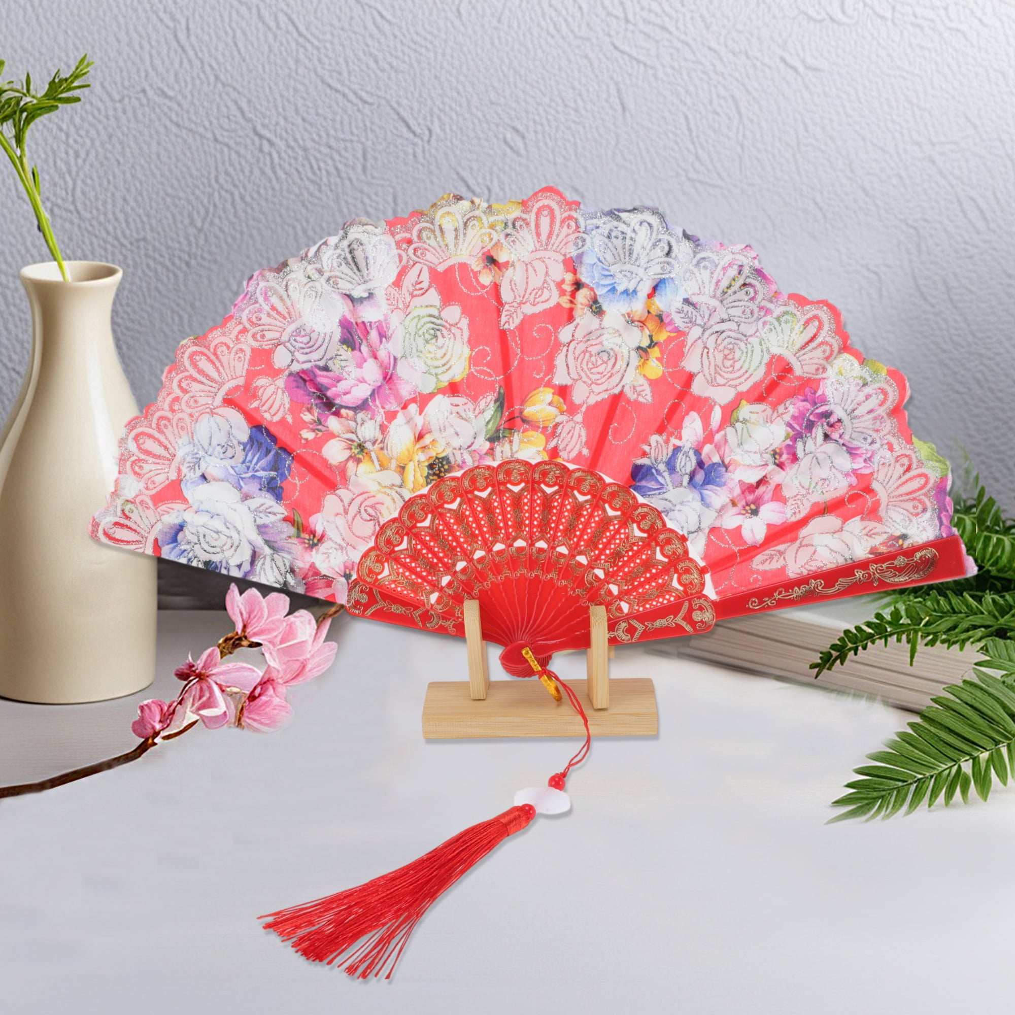 Unique Bargains Rose Print With Tassel Folding Fan 1 Pc For Summer Events Decorations Red
