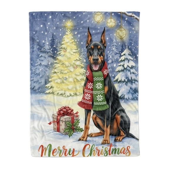 Merry Christmas Doberman Pinscher Snowy Winter with Gifts Tree Decorations Cozy Fleece Blanket Doberman Dog Lover Gifts Warm Soft Throw Blanket - 12020