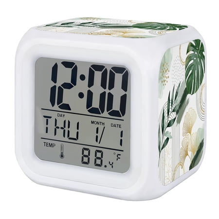 Boho Tropical Palm Leaves Digital Alarm Clock for Bedrooms, Smart LED Alarm Clock with 7 Color Changing Night Light, Summer Ginkgo Leaf Modern Silent Wake Up Clocks for Sleep Study Cooking 3.2x3.2